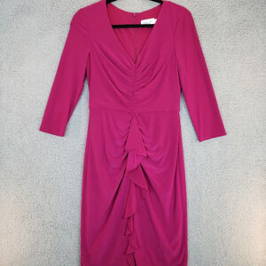 Eliza J Wine/Purple Roushing & Ruffles front Knee Length 3/4 Sleeve Dress Sz 6